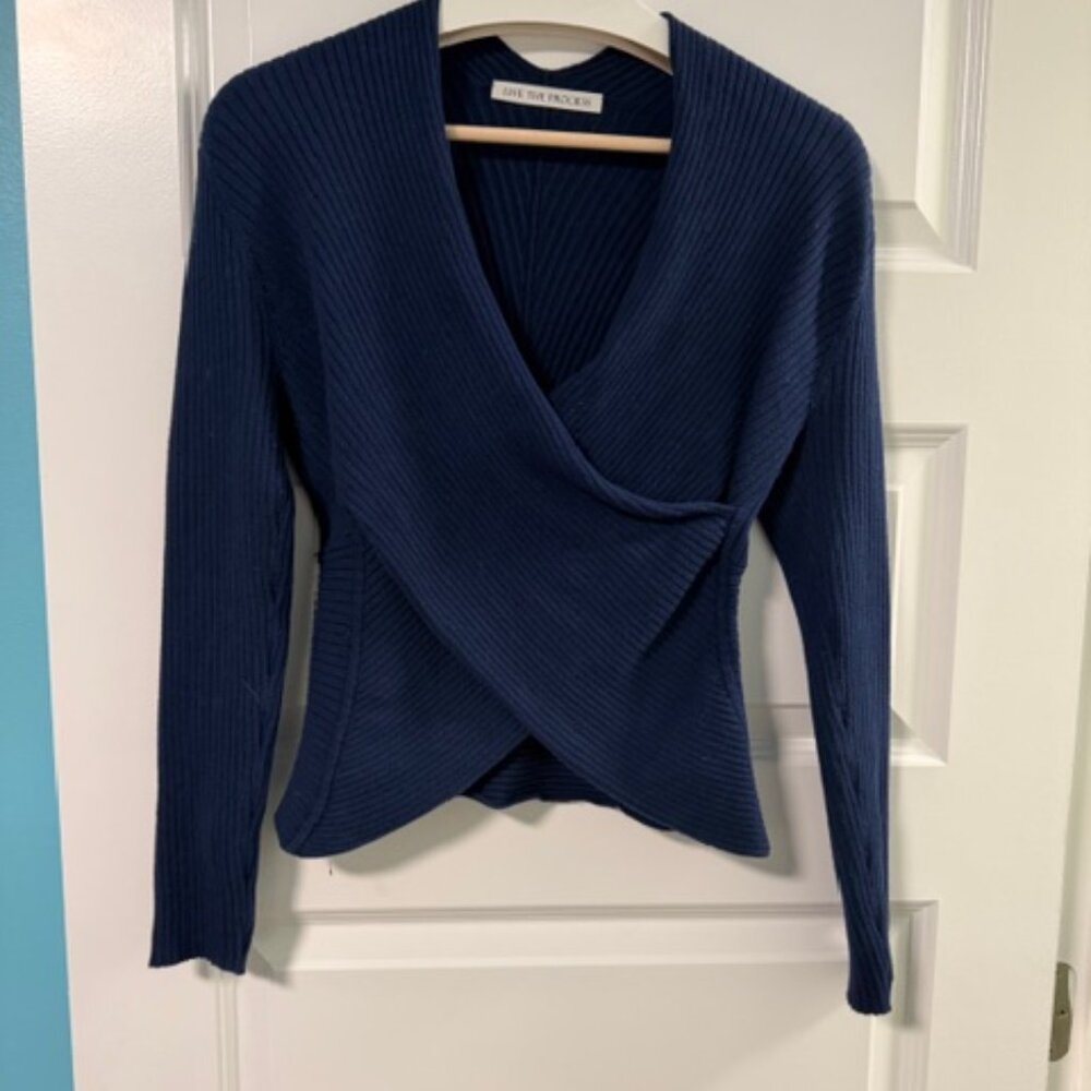 Live the Process Ribbed Knit Faux Wrap Sweater in Navy